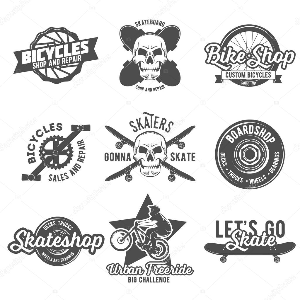 Set of vintage biking and skating logo, badges, design elements and labels.