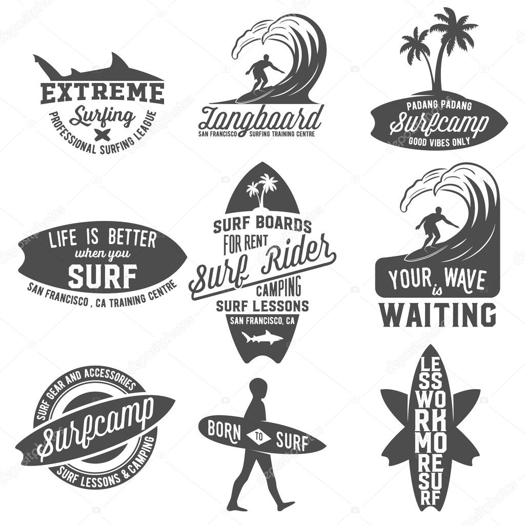 Set of vintage surfing logotypes, badges, quotes and emblems. Surfer, beach style logo design. Surf Badge. Surfboard seal, elements, symbols. Summer boarding on waves.