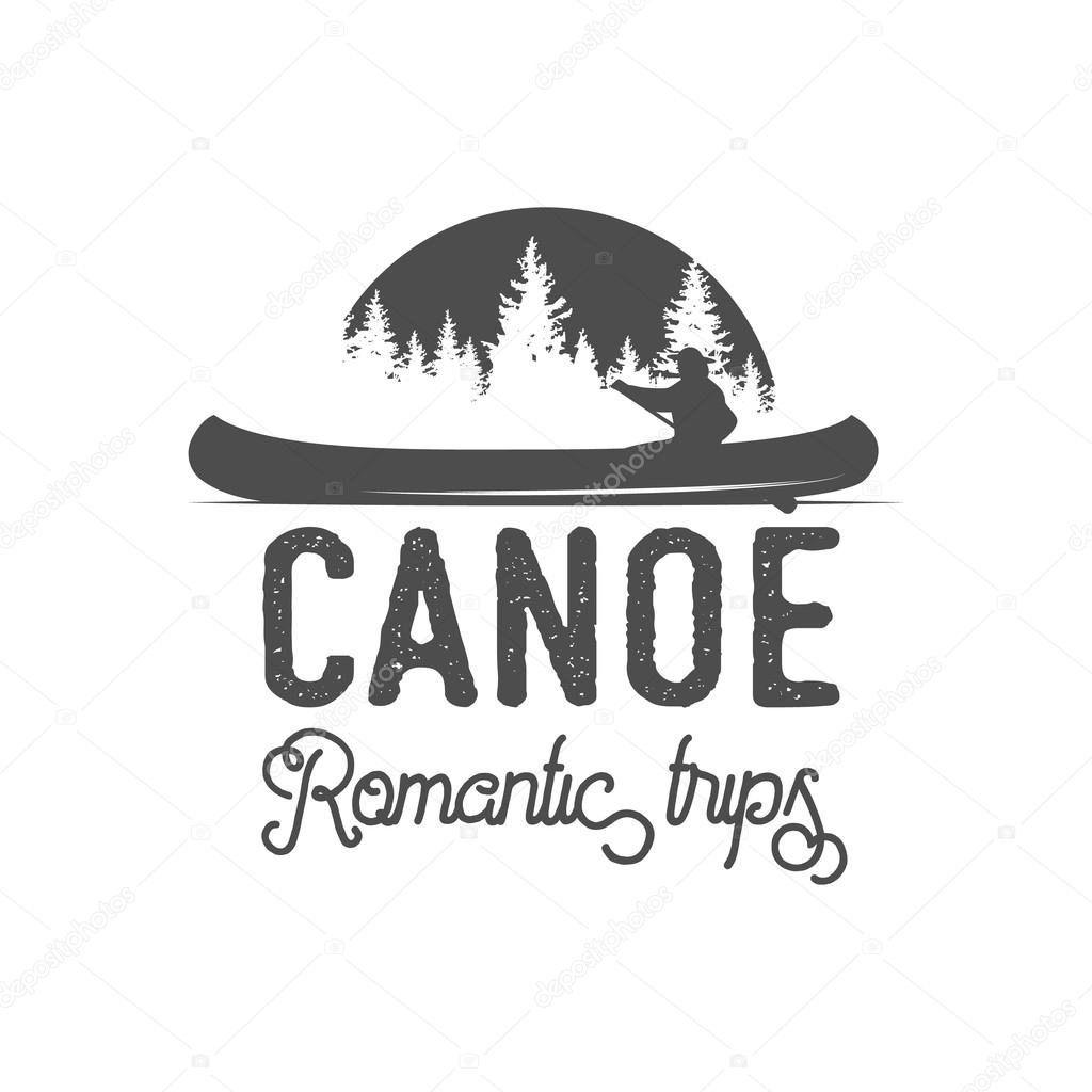 Vintage mountain, rafting, kayaking, paddling, canoeing camp logo, label and badge. Stylish Monochrome design. Outdoor activity theme. Summer and winter vacation insignias.