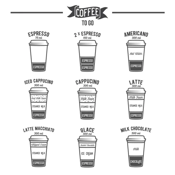 Café caliente para ir recetas de bebidas iconos conjunto — Vector de stock