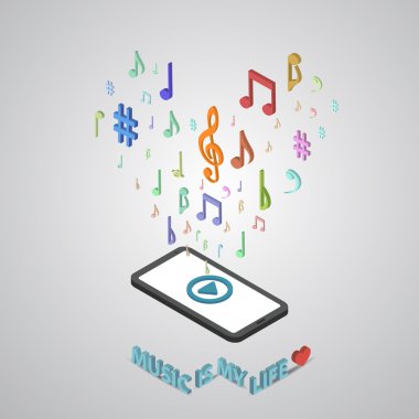Hareket eden smartphone müzik hizmetleri izometrik stil vektör illustra