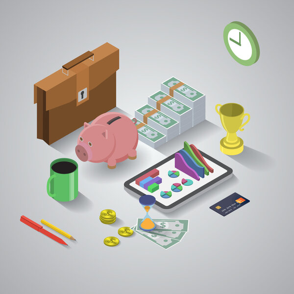 Flat 3d isometric mobile application, business analytics, finance