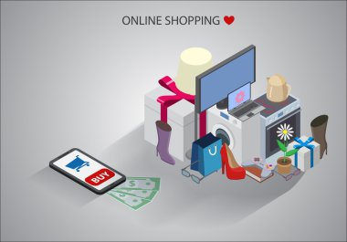 Online alışveriş kavramının izometrik çizimde