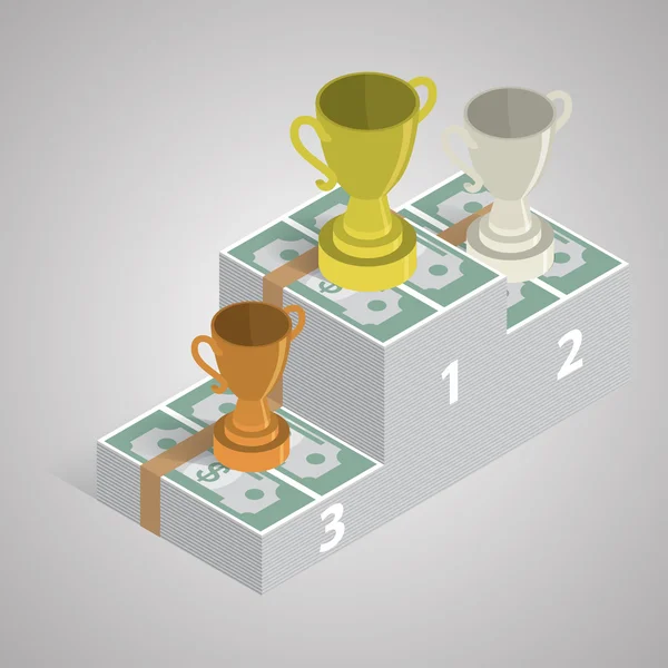 Gouden Zilveren en bronzen winnaar koppen op een pack van geld. Isometr — Stockvector