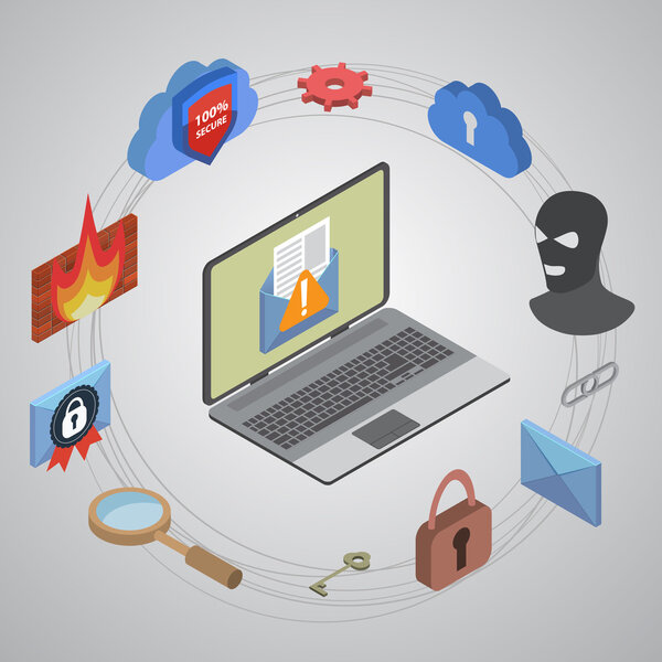 Flat 3d web isometric online safety, data protection