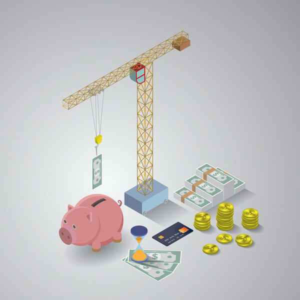 Flat 3d isometric mobile application, business analytics, financ