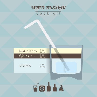 Beyaz Rus kokteyl düz stil illüstrasyon simgeleri ile