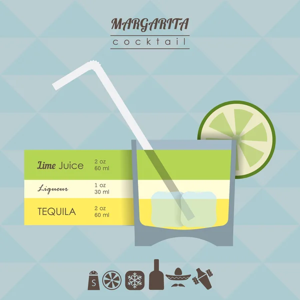 Cocktail Margarita illustrazione in stile piatto con icone di ricetta — Vettoriale Stock