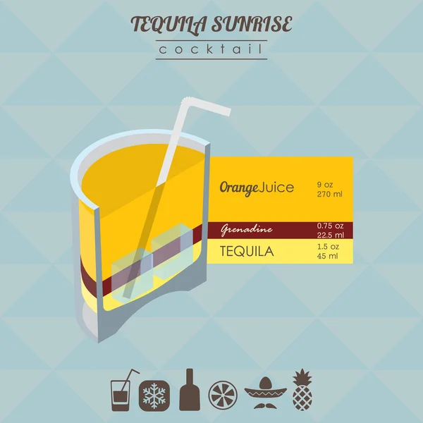 Tequila sunrise koktejl plochý izometrické ilustrace s — Stockový vektor
