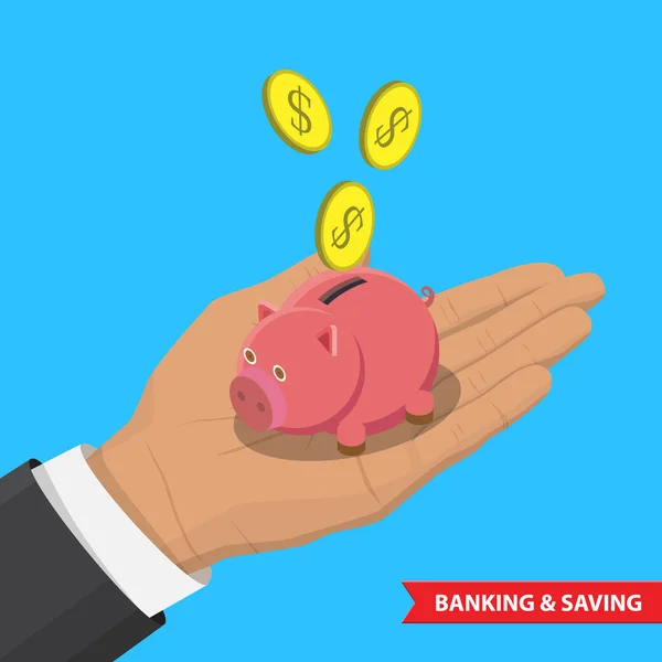 Piggy bank en hand met munt — Stockvector