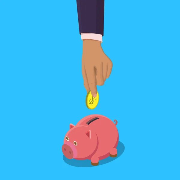 Piggy bank és a kéz érme — Stock Vector