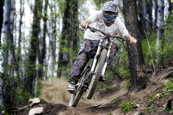 Mountainbiker skog cykel Downhill — Stockfoto