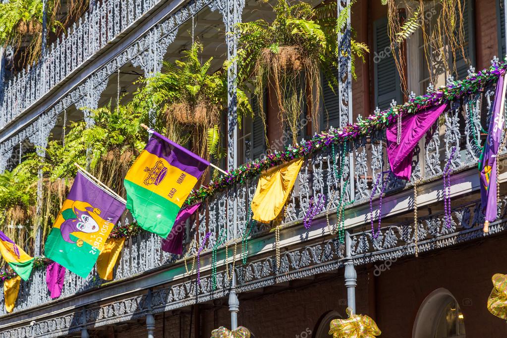 Ironwork Galleries On The Streets Of French Quarter Decorated For Mardi