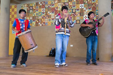 : Puno, Peru - Haziran 2015 yaklaşık: müzisyenler gerçekleştirmek: Puno, Peru yakınındaki geleneksel Perulu giysili