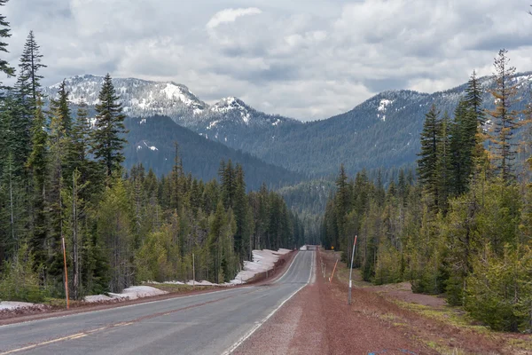 Autopista que atraviesa bosques de Oregón cubiertos de nieve, EE.UU. — Foto de Stock