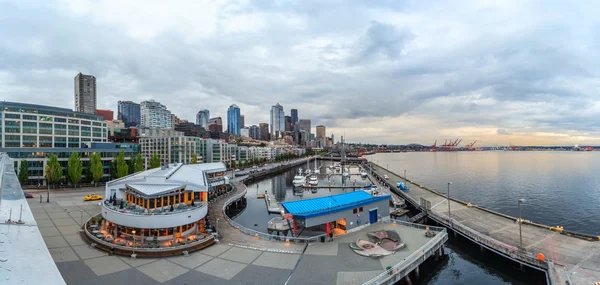 Panoramautsikt över Seattle Downtown och Anthony's Pier 66 Royaltyfria Stockfoton