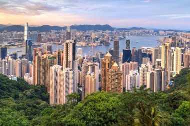 Hong Kong, SAR China - circa July 2015: Skyline of Hong Kong from Victoria Peak at  sunset