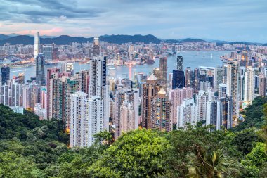 Hong Kong, SAR China - circa July 2015: Skyline of Hong Kong from Victoria Peak at  sunset