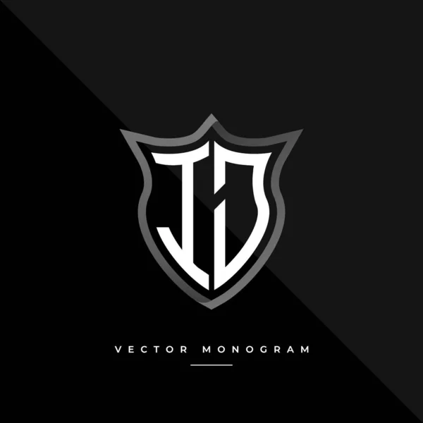 Monograma Moda Escudo Isolado Fundo Escuro Prata Plana Logotipo Inicial — Vetor de Stock