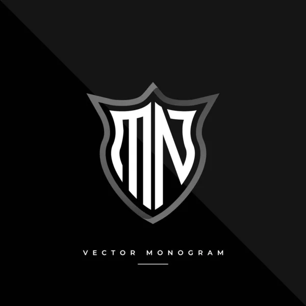 Trendy Monogram Shield Isolated Dark Background Silver Flat Initial Logo — Stock Vector