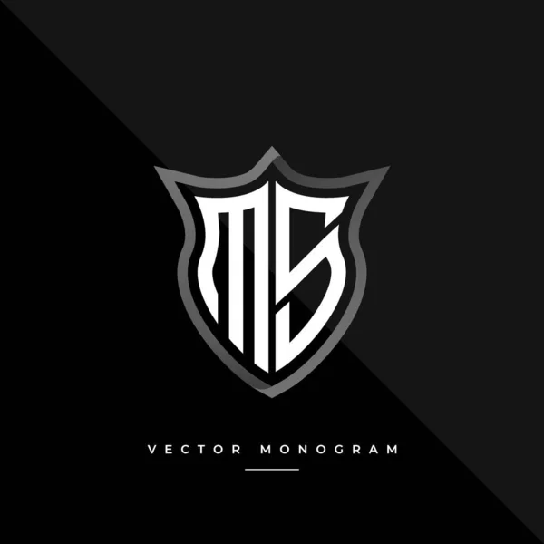 Monograma Moda Escudo Isolado Fundo Escuro Prata Plana Logotipo Inicial — Vetor de Stock