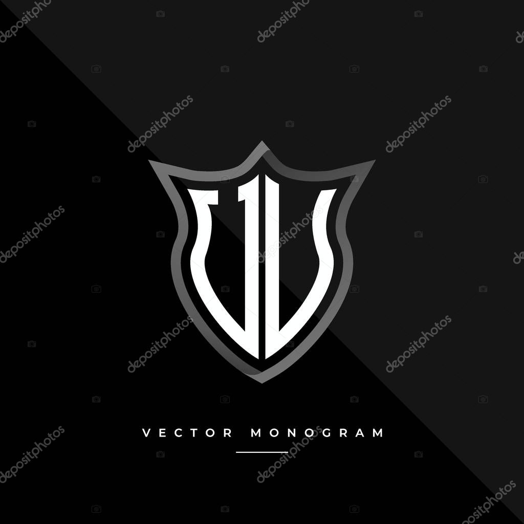 Letters UV logo design. silver shield U V monogram minimal monogram isolated on dark background. masculine business logotype. creative premium vector alphabet concept.
