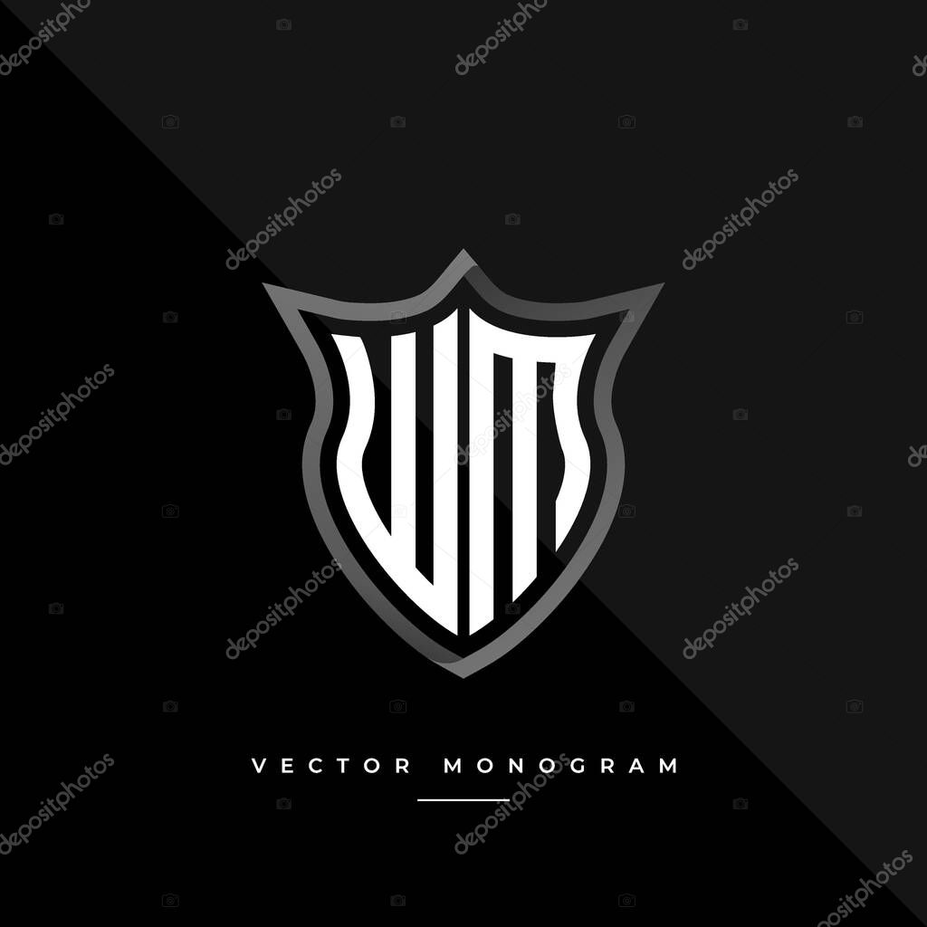 Letter WM logo design. silver shield W M monogram minimal monogram isolated on dark background. masculine business logotype. creative premium vector alphabet concept.
