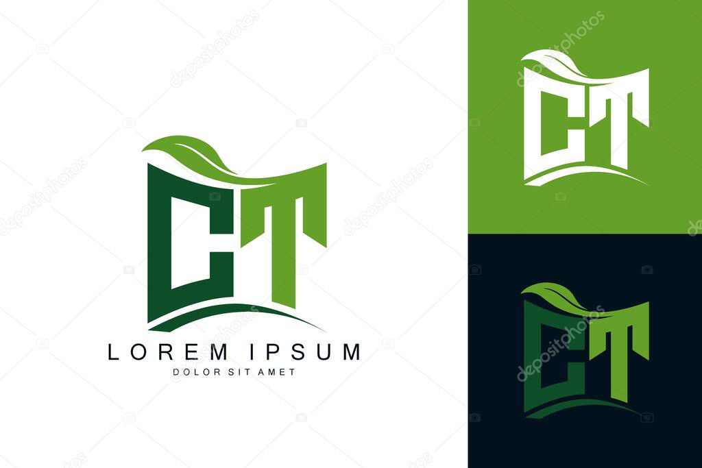 CT logo monogram with green leaf nature organic bio curved shape premium vector design template
