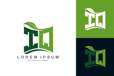 Yeşil yapraklı IQ logosu organik biyolojik eğimli şekil prim vektör tasarımı şablonu.
