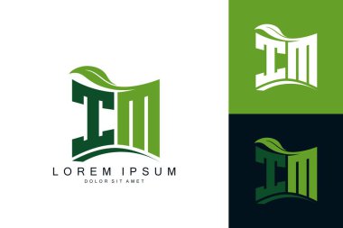 Yeşil yapraklı IM logosu organik biyolojik eğimli şekil prim vektör tasarım şablonu.