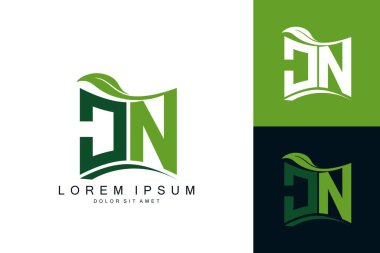 Yeşil yapraklı JN logosu organik biyolojik eğimli şekil prim vektör tasarım şablonu.