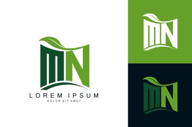 Yeşil yapraklı MN logosu organik biyokavisli şekil prim vektör tasarım şablonu