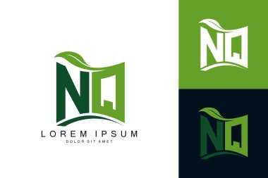Yeşil yapraklı NQ logosu organik biyolojik eğimli şekil prim vektör tasarım şablonu