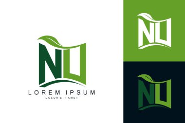 Yeşil yapraklı NU logosu organik biyolojik eğimli şekil prim vektör tasarım şablonu