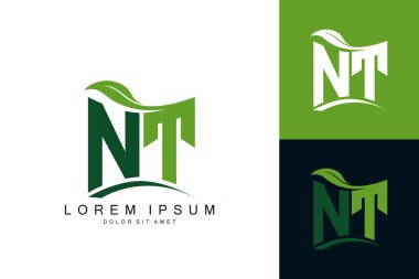 Yeşil yapraklı NT logosu organik biyolojik eğimli şekil prim vektör tasarım şablonu