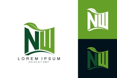 Yeşil yapraklı NW logosu organik biyolojik eğimli şekil prim vektör tasarım şablonu