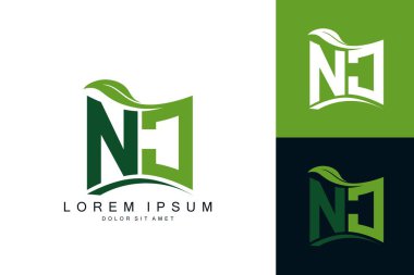Yeşil yapraklı NJ logosu organik biyolojik eğimli şekil prim vektör tasarım şablonu