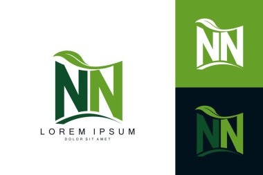 Yeşil yapraklı NN logosu organik biyolojik eğimli şekil prim vektör tasarım şablonu