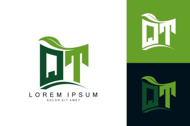 Yeşil yapraklı QT logosu organik biyolojik eğimli şekil prim vektör tasarım şablonu