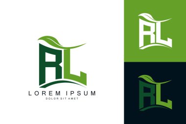 Yeşil yapraklı RL logosu organik biyolojik eğimli şekil prim vektör tasarım şablonu