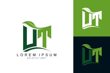 Yeşil yapraklı UT logosu organik biyolojik eğimli şekil prim vektör tasarım şablonu