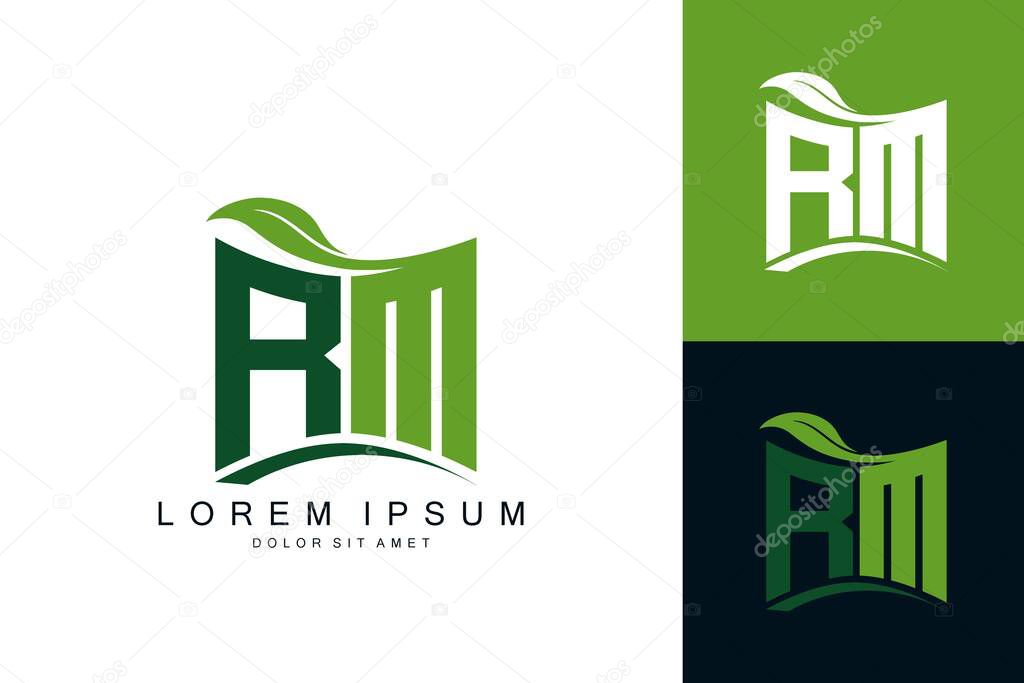 RM logo monogram with green leaf nature organic bio curved shape premium vector design template