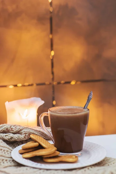 Cup Cocoa Cookies White Plate White Table Knitted Scarf — Stock Photo, Image