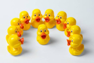 Sarı ördekler çemberin içinde beyaz arka planda biri ortada diğeri ise takım çalışması konsepti.