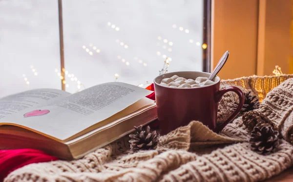 Red Cup Cocoa Marshmallows Wooden Table Scarves Old Book Home — Stock Photo, Image