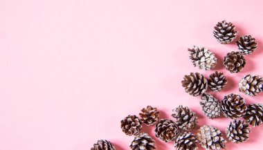 Pembe arka planda beyaz koniler, yeni yıl mesajı ya da Noel konsepti için yer. Düz Düzen