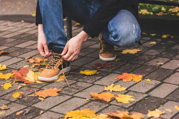 A man ties his shoelaces. Autumn leaves and stone road, recreation and active lifestyle
