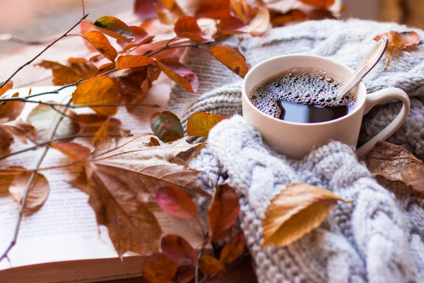 Autumn Autumn Leaves Hot Steaming Cup Coffee Old Book Grey — Stock Photo, Image