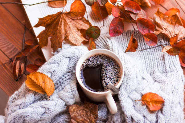 Autumn Autumn Leaves Hot Steaming Cup Coffee Old Book Grey — Stock Photo, Image