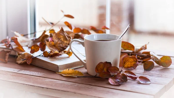 Autunno Foglie Autunnali Una Calda Tazza Caffè Fumante Vecchio Libro — Foto Stock